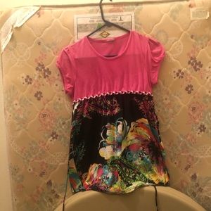 Black and Pink Blouse with Multicolored Flowers
